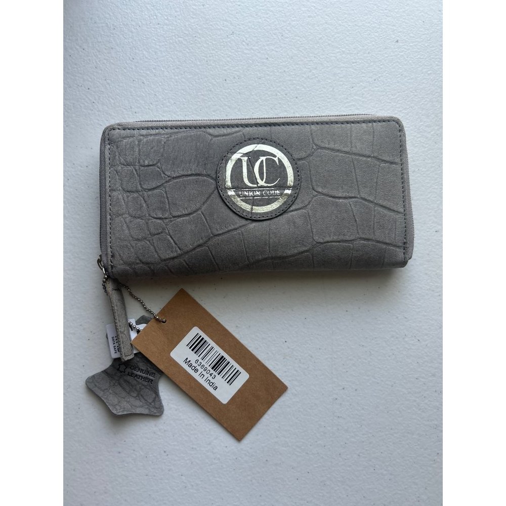Union Code Gray Leather RFID Data Safe Zip Around Wallet